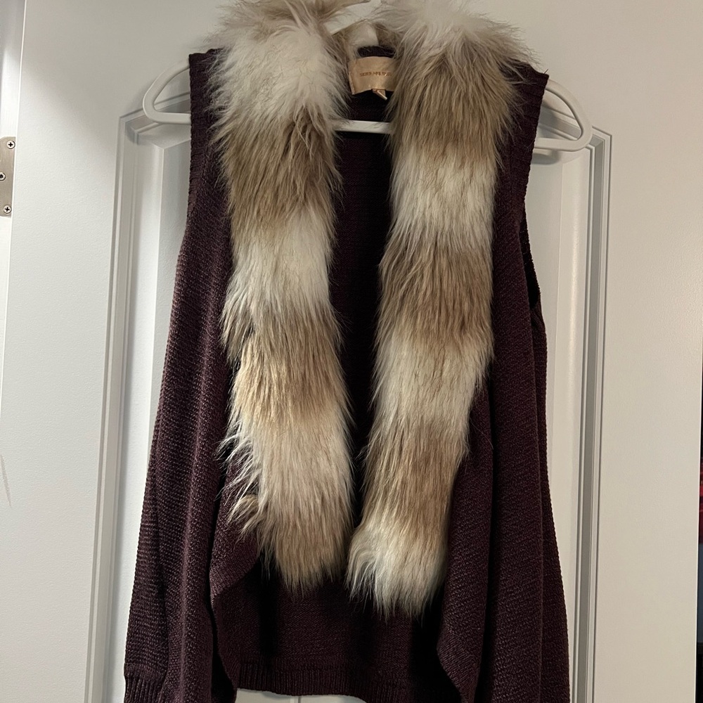 Skies Are Blue Brown Knit Vest with Faux Fur Trim